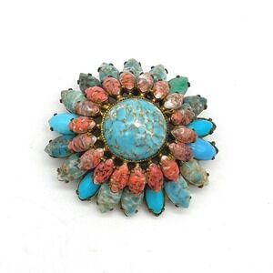 Unsigned Schreiner Repaired Tiered Sunburst Brooch Turquoise Coral Mottled Glass